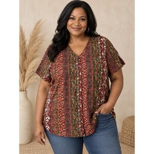 Capistrano Top Women Size 22W Red Brown Button Front Boho Rayon USA Aztec Tribal